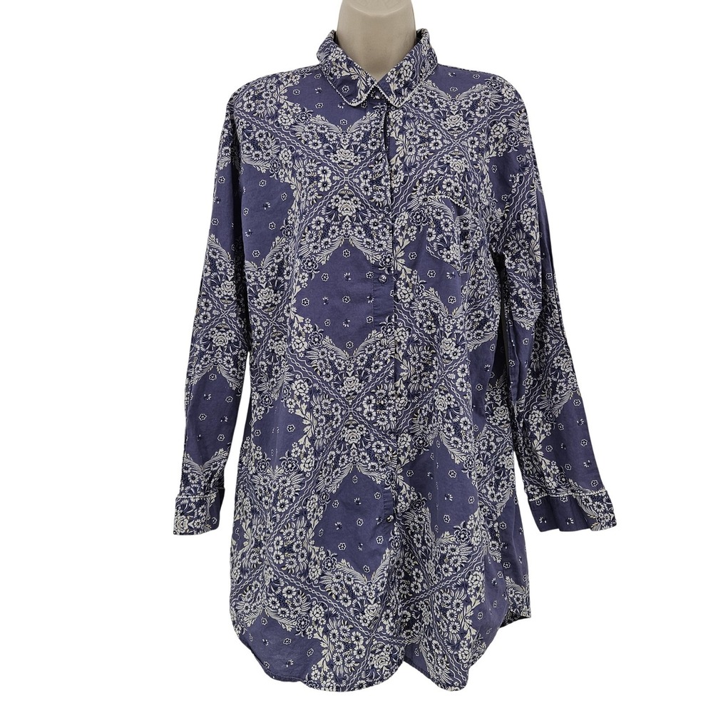 Victoria's Secret‎ Shirt Womens Large Blue Floral Bandana Button Down Nightshirt - Picture 1 of 10